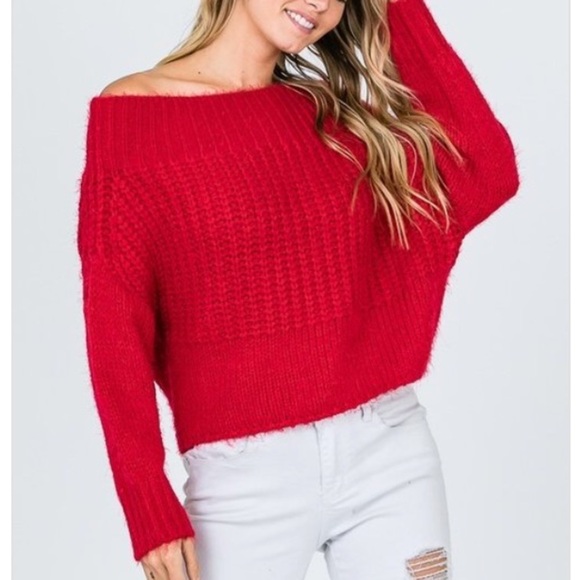 Red Off Shoulder Knit Long Sleeve Sweater - Picture 2 of 3